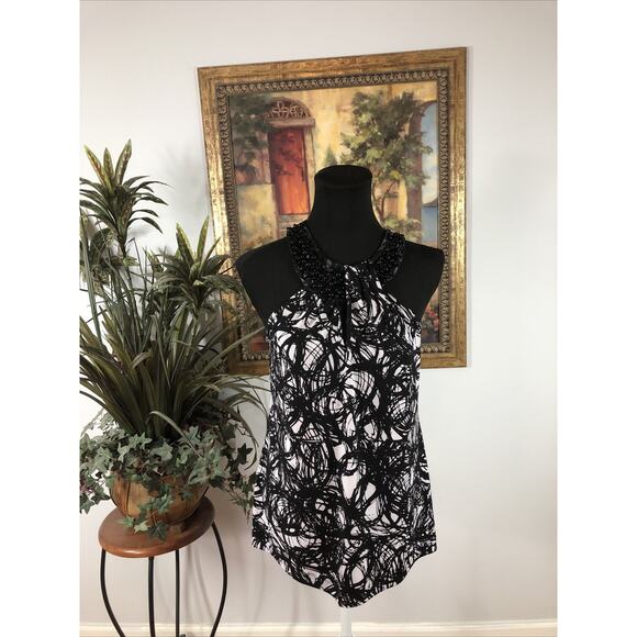 Cato Tops - Cato Women’s Sleeveless Beaded Neck Top Medium Black White Abstract Print